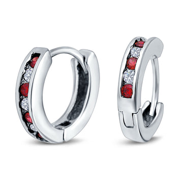 Eternity Huggie Hoop Earrings Channel Round Simulated Garnet Cubic Zirconia 925 Sterling Silver